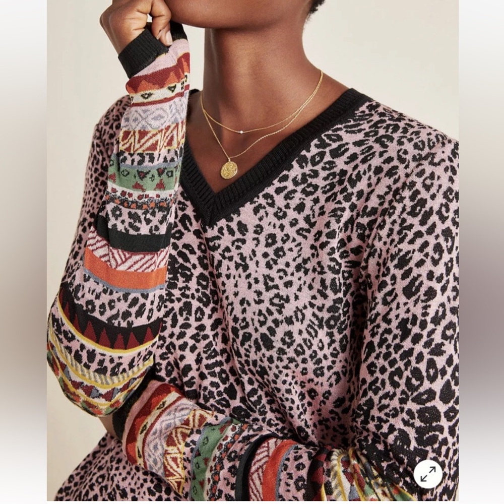 Aldomartins Anthropologie Leopard Print Sweater Tribal Jacquard Sleeves M/L